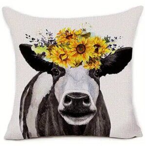 NEW FARMHOUSE SUNFLOWER FLORAL COW FACE LINEN HOME DECOR PILLOW COVER 17.7"